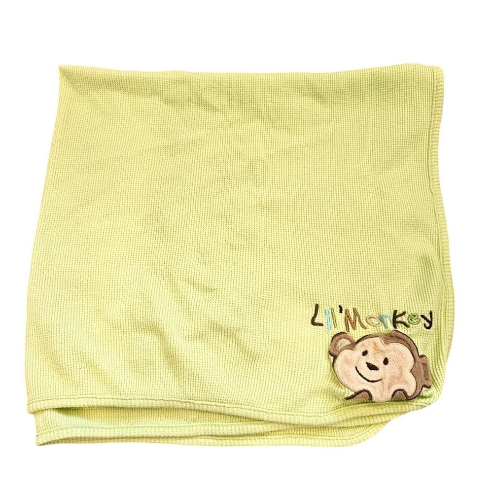 Just Born‎ Green Baby Blanket "lil Monkey" zoo Jungle 2011 Waffle Thermal Cotton